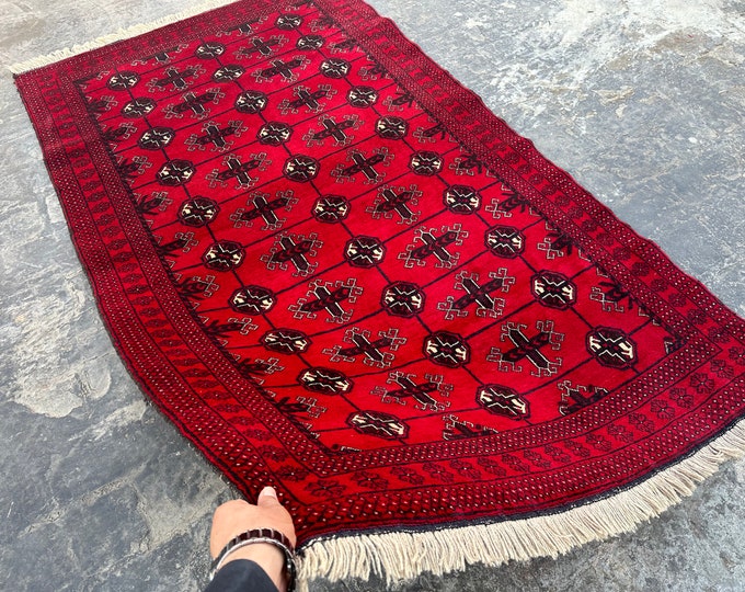 70% off  3.8 x 6.3 Ft/ Afghan vintage  Baluch Wool Rug - Handmade tribal vintage afghan Geometric Red Rug Natural Dye Color Pattern Rug