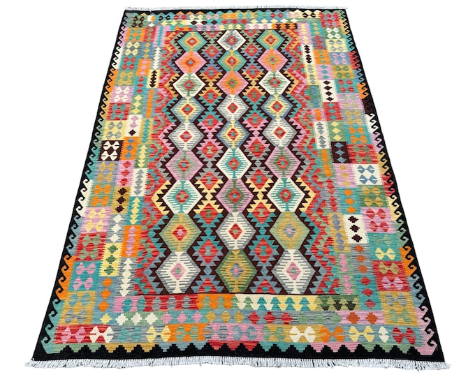 70% off Blue 7x10 Oriental handwoven Afghan wool kilim rug - rug for bedroom - Turkish tribal kilim rug