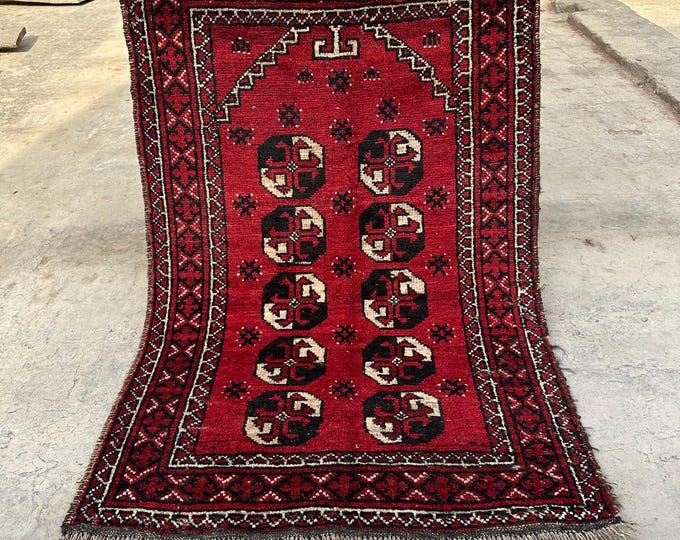 Size 2.7 x 3.9 Ft Baluch Afghan Tribal rug | Hand knotted Geometric wool rug/Nomadic  Natural Dye Color/ Vintage 1970s 3x4 Baluch Rug