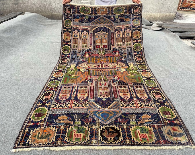 70% off Size 3.11 x 6.11 Ft Baluch Afghan Pictorial Adams rug | Hand knotted Geometric wool rug/ Natural Dye Color/ Vintage Wall Hanging Rug
