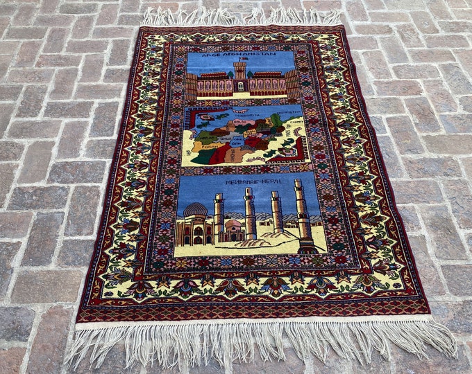 4'1 x 6'1 Unique hand knotted Afghan map rug - decorative wool rug