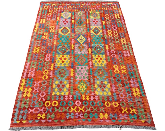 70% off 7x10 Oriental handwoven Afghan wool kilim rug - Orange Rug kilim for bedroom - 7x10 Turkish tribal kilim rug
