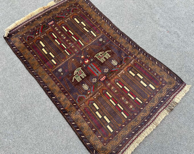 70% off Size 2.10 x 4.8 Ft Baluch Afghan Pictorial Animal Hunting rug | Hand knotted  Wall Hanging wool rug/ Natural Dye Color/ Vintage  Rug