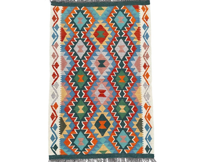 70% off Southwestern 3x5 Handwoven Afghan Kilim rug - Tribal 3x5 kilim rug - Geometric bedroom kilim rug