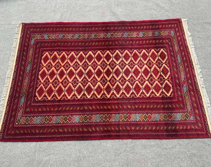 70% off Size 4.6 x 6.2 Ft Baluch Zahir Shahi Afghan rug | Hand knotted Geometric wool rug/ Natural Dye Color/ Vintage High Quality Rug