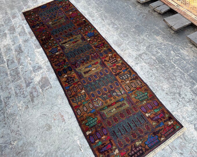 70% off 2.10 x 9.5/ Vintage Afghan Baluch Pictorial War Rug Runner Oriental Art War rug Runner - Afghan War carpet/  Enterway Rug
