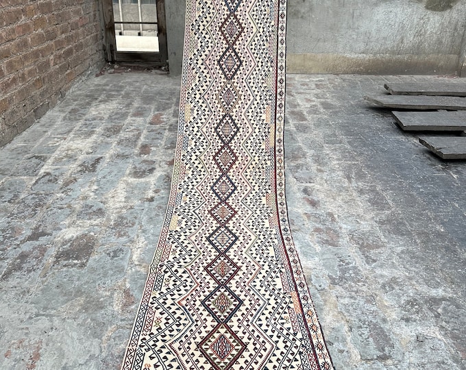 70% off 1.9 x 9 Ft/ Vintage Turkish HandKnotted Large Runner Killim rug  - Hallway Runner Sumak Killim Natural Dyed Color/ Oriental Killim