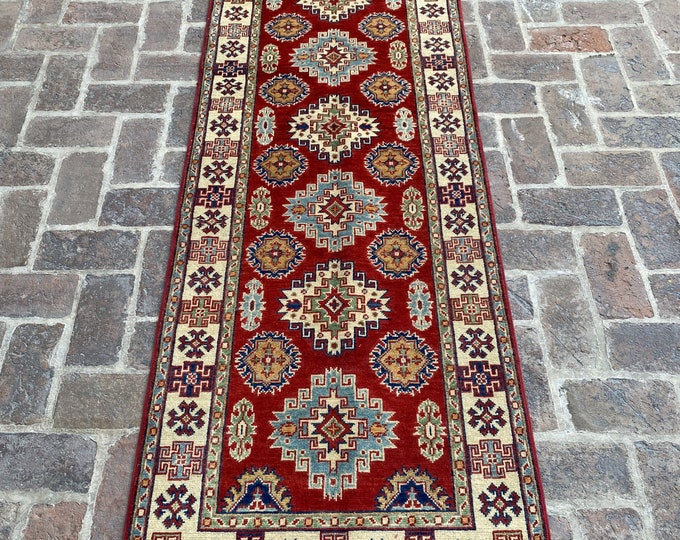 2'7 x 8'2 Veg dye hand knotted kazak rug runner - hallway runner rug - hand spun wool rug