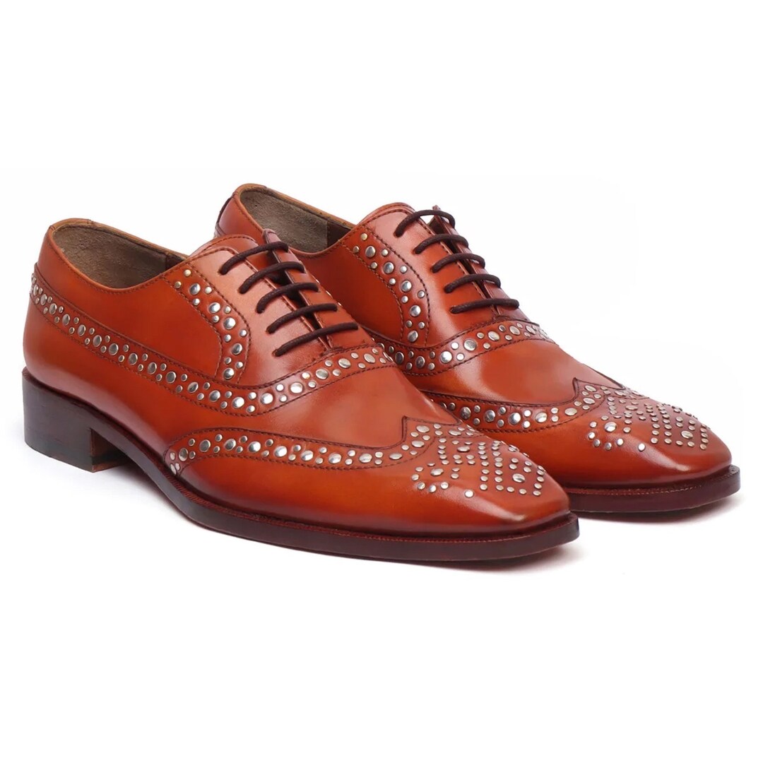Handcrafted Brown Leather Wingtip Brogues With Studded Detailing Custom ...