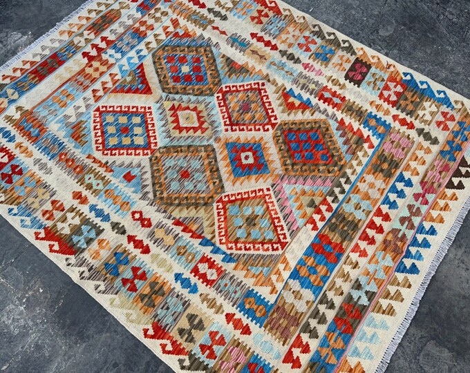 5'6 x 6'8 Modern Tribal afghan handwoven veg dye kilim rug