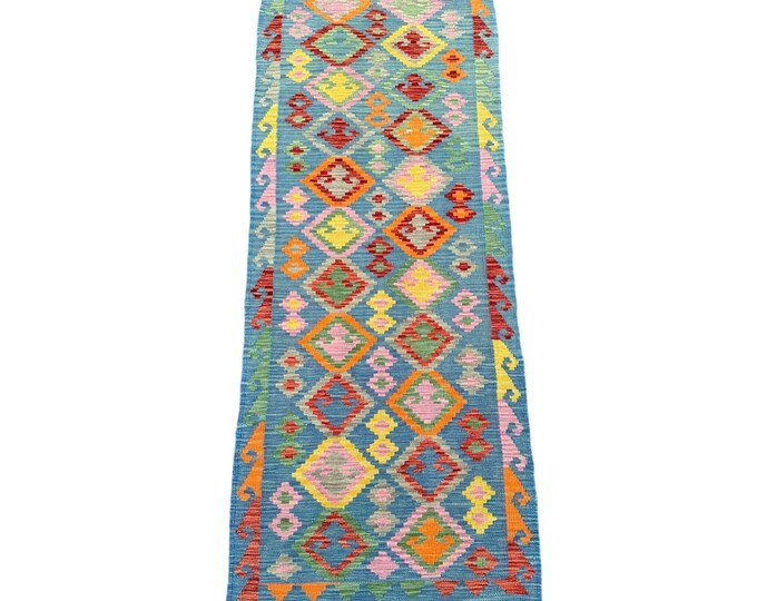 70% off Sky blue handwoven Afghan kilim runner rug - Hallway runner rug - Tribal kilim runner 7 ft long