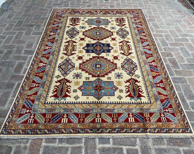 6'7 x 9'6 Veg dye rug - hand knotted kazak wool rug - rug for bedroom - hand spun wool rug - Dining room rug