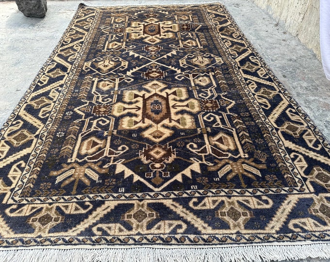 70% off  4 x 6.18 Ft/ Afghan vintage 1980s Baluch Zakani Wool Rug - Handmade tribal vintage afghan Geometric Rug Natural Dye Color Kuchi Rug