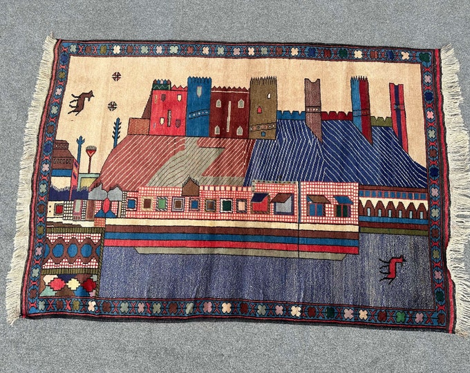 70% off Size 3.1 x 4.5 Ft Baluch Afghan Pictorial  Beldings Manzara rug | Hand knotted Geometric wool rug/ Natural Dye Color/Vintage  Baluch