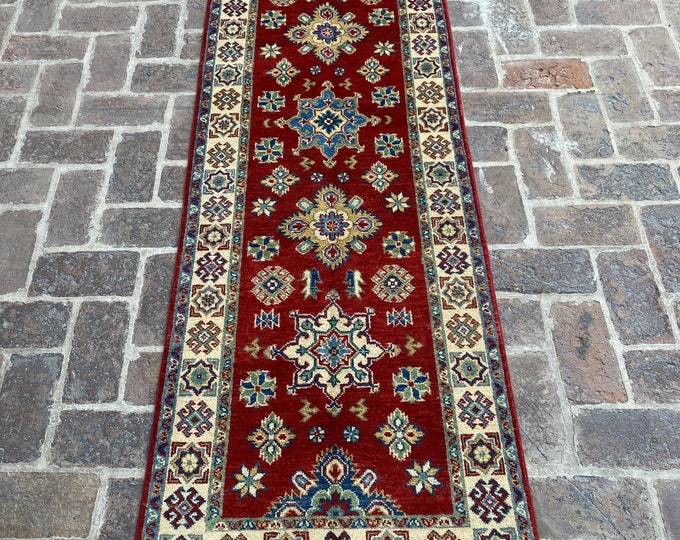 2'5 x 8'1 Veg dye hand knotted kazak rug runner - hallway runner rug - hand spun wool rug