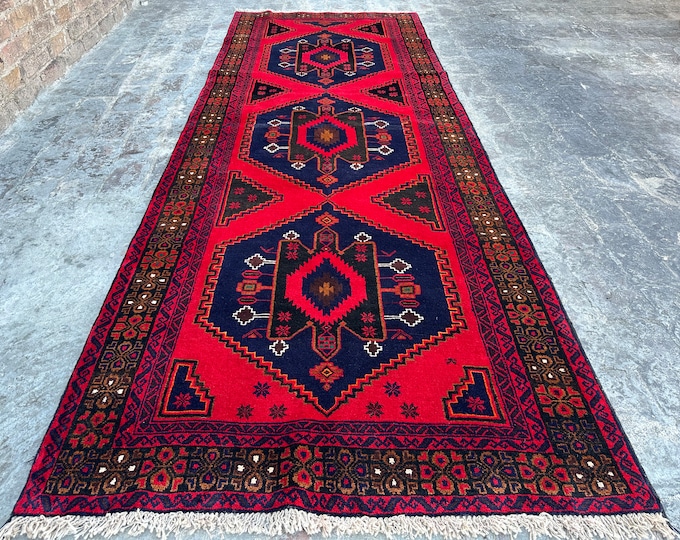 70% off 3.9 x 9.11 Ft/ super  Afghan  Vintage Tribal Baluch Turkish Dizine rug runner | Hand knotted tribal wool runner rug  Hallway Rug