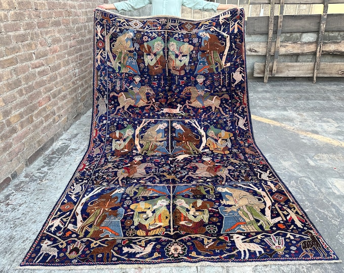 70% off 5.9 x 9.6 Ft /vintage Afghan Pictorial Baluch Horse Riding Handmade Rug -Tribal Dark wool rug/Home Decore Pattern Wall Hanging Rug