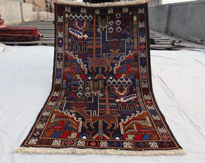 70% off Size 3 x 4.11 Ft Baluch Afghan Pictorial Horse Riding rug | Hand knotted Geometric wool rug/ Natural Dye Color/ Vintage Animal Rug