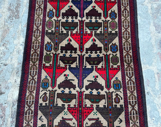 70% off 2.9 x 4.2 / Vintage Afghan Baluch Pictorial War Rug Oriental War rug - Afghan War carpet/  Natural Dye Color/