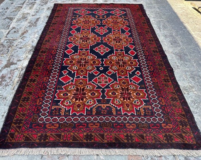 70% off  3.9 x 5.11 Ft/ Afghan vintage  Baluch Zakani Wool Rug - Handmade tribal vintage afghan Geometric Rug Natural Dye Color Kuchi Rug