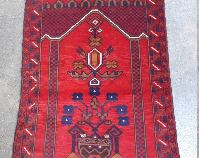 Red Baluch Vintage handmade afghan tribal prayer rug