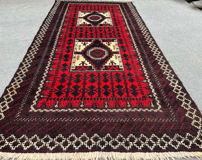 70% off 4.0 x 7.9 Feet/  Afghan Vintage Baluch Tribal Full Pile rug hand knotted Oriental Gorgeous Dark rug | Tribal Afghan Carpet