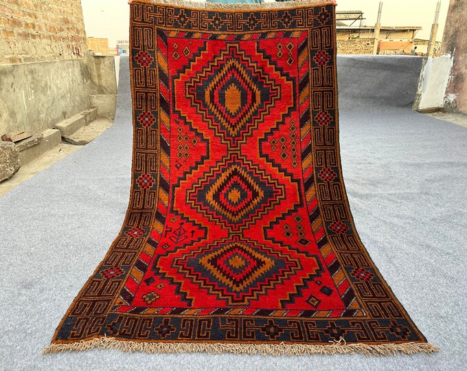 70% off Size 3.8 x 6.3 Ft Baluch Afghan Shindani  Full Pile Elephent Foot rug | Hand knotted Geometric wool rug/ Natural Dye Color/ Vintage