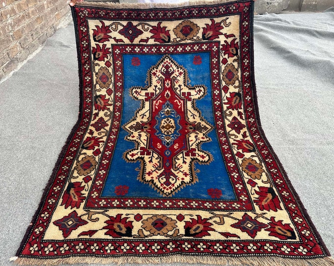 70% off 3.6 x 4.10 Ft/ super fine Afghan Antique 1940s Baluch rug  | Hand knotted tribal wool  wool Rug / Sky Blue Lovely Rug