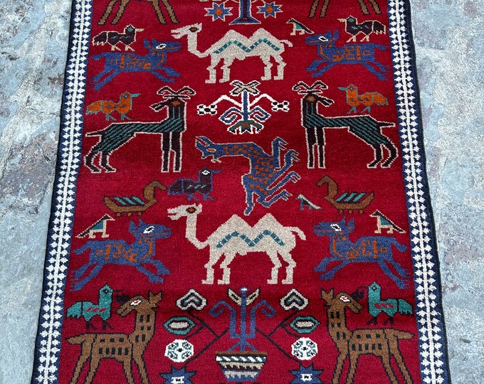 70% off Size 3.2 x 4.10 Ft Baluch Afghan Pictorial Animal Hunting rug Hand knotted Geometric wool rug/Natural Dye Color/ Vintage Camel  Rug