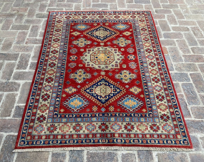 4'8 x 6'3 Tribal hand knotted Afghan Kazak rug - Living room rug - rugs for bedroom - Hand spun wool