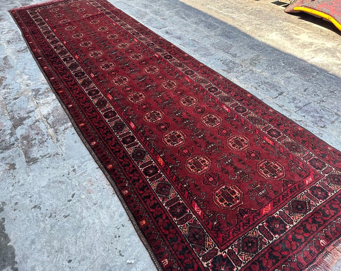 70% off 2.9 x 94 Ft/ super  Afghan Turkmen Red Vintage Bashiri rug runner | Hand knotted tribal wool runner rug  1980s Hallway Rug Runner