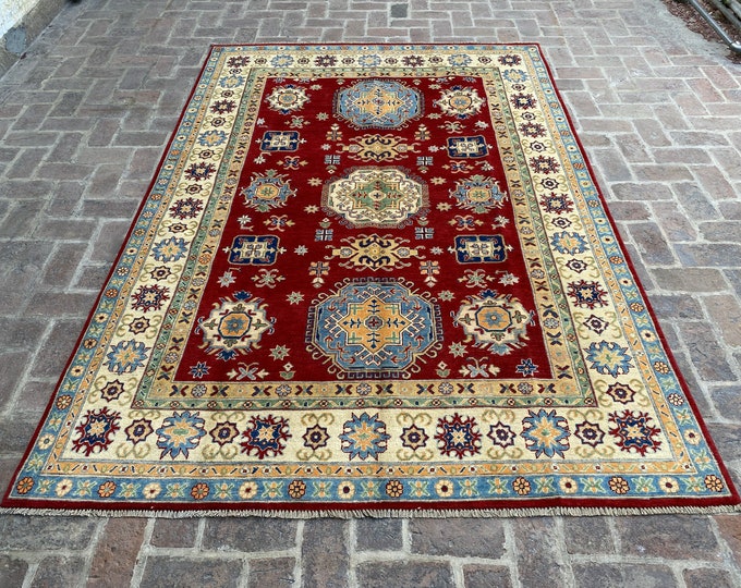 6'6 x 9'6 Hand knotted tribal Turkish wool rug - Kazak veg dye rug - Living room rug - Bedroom rug