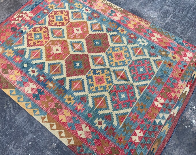 5'0 x 6'10 Afghan kilim area rug - Veg dye kilim rug - Contemporary tribal kilim rug - Turkish kilim rug