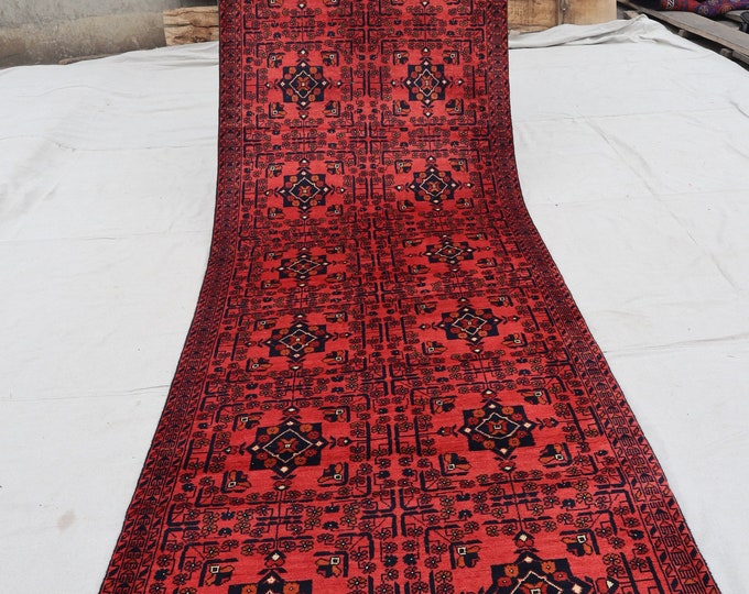 70% off 3.8 x 11.2 Ft/ super fine Afghan Red Vintage Turkmen Wool rug runner | Hand knotted Oriental runner rug Nomadic  Hallway Rug Runner