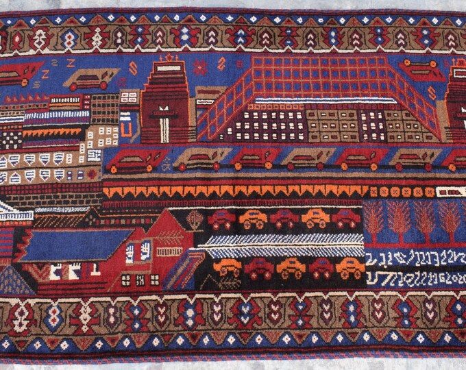 70% off Size 3.1 x 5.2 Ft Baluch Afghan Pictorial Manzara rug | Hand knotted Geometric wool rug/ Natural Dye Color/ Vintage  Baluch Rug