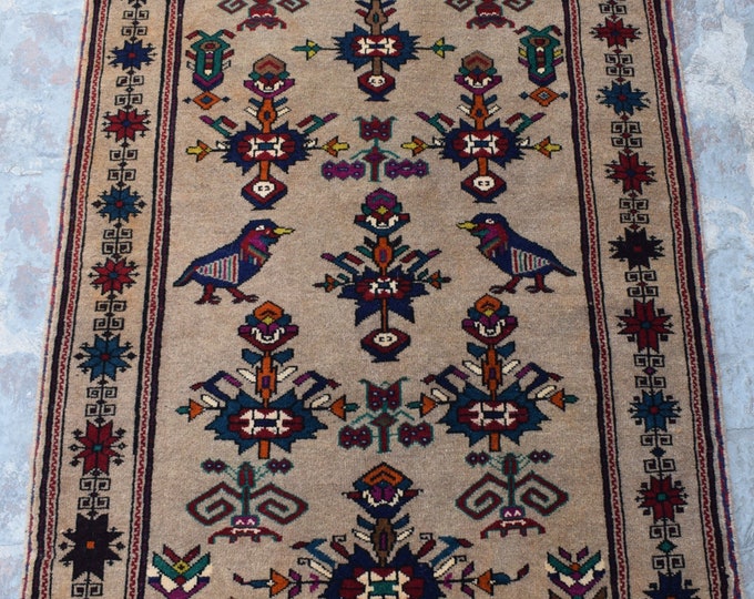 70% off Size 3 x 4.8 Ft Baluch Afghan Pictorial rug | Hand knotted Geometric wool rug/ Natural Dye Color/ Vintage  Baluch Rug Area Rare Rug
