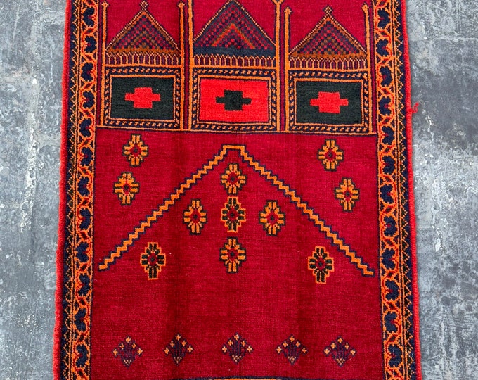 Vintage Tribal Afghan red Prayer rug 2'4 x 3'3