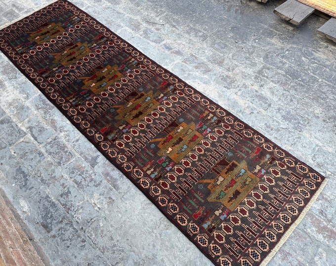 70% off 2.9 x 9.4/ Vintage Afghan Baluch War Rug Runner Oriental Art War rug Runner - Afghan War carpet/  Natural Dye Color/ Wall Hanging