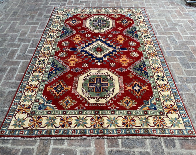 200 x 282 cm Hand knotted hand spun wool rug - Veg dye - Living room rug - bedroom rug - Geometric Kazak oriental rug
