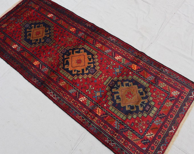 70% off 2.7 x 6.5 Ft/ super fine Afghan Red Vintage Baluch ZanjirGol rug runner | Hand knotted tribal wool runner wool Hallway Rug Runner