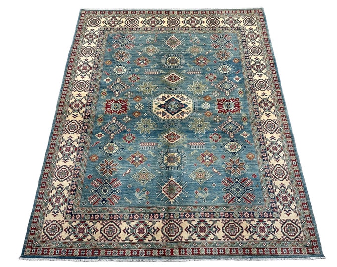 70% off Light Blue 8x10 Afghan Tribal hand knotted kazak rug - Veg dye Area rug - rug for bedroom - Living room rug - Dining Table rug