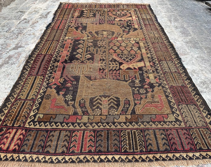 70% off 3'7 x6'3 Vintage 1960s Tribal Afghan Baluch Pictorial Rug hand knotted rug - Turkish vintage rug - Wall Hanging Rug/ Evenly Low Pile