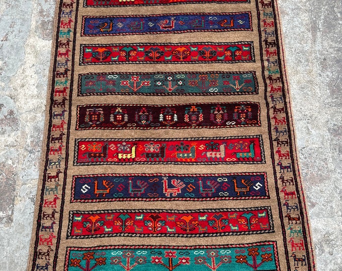 Size 3 x 4.10 Ft Afghan Handmade Pictorial Baluch Vintage Rug/ Nomadic Afghan Wall Hanging Rug Natural Dyed Color Home Decor Moroccan Rug