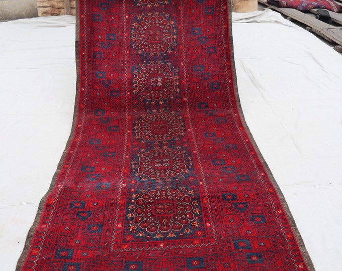 70% off 3.3 x 9 Ft/ super  Afghan Turkmen Red Vintage PatnosGol rug runner | Hand knotted tribal wool runner rug  1990s Hallway Rug Runner