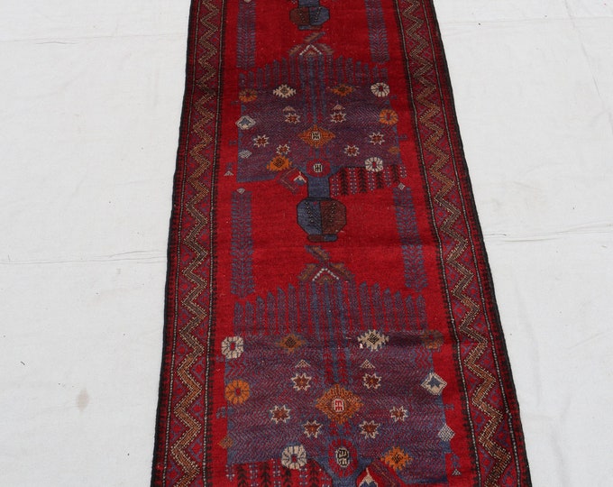 70% off 2.5 x 11.4 Ft/ super fine Afghan Red Vintage Baluch rug runner | Hand knotted tribal wool runner rug Nomadic wool Hallway Rug Runner