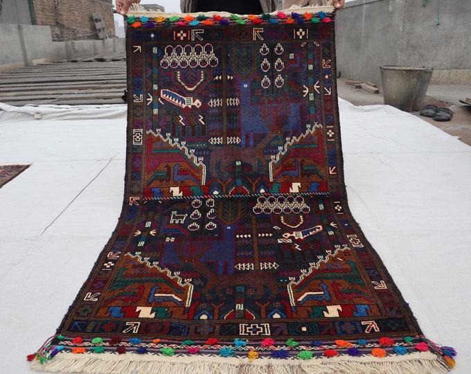 70% off Size 3 x 5.1 Ft Baluch Afghan Pictorial Horse Riding rug | Hand knotted Geometric wool rug/ Natural Dye Color/ Vintage Animal Rug