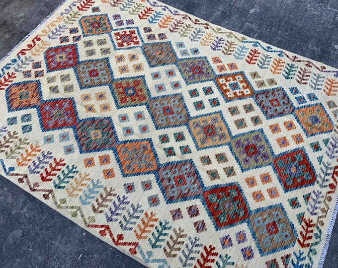 6'1 x 8'3 Afghan kilim area rug - Veg dye kilim rug - Contemporary tribal kilim rug - Turkish kilim rug