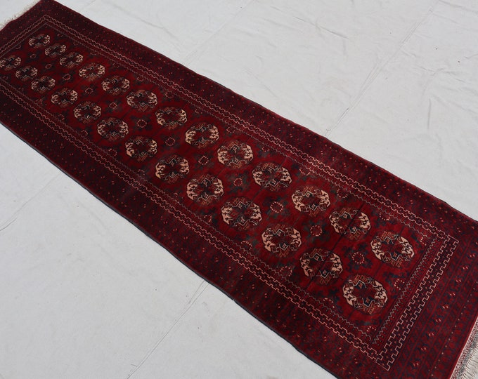 70% off 2.8 x 9.7 Ft/ super  Afghan Turkmen Red Vintage Bashiri rug runner | Hand knotted tribal wool runner rug  1980s Hallway Rug Runner
