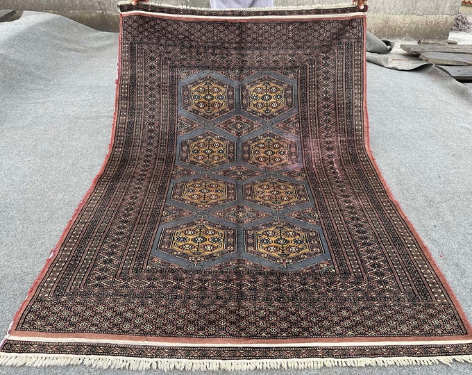 70% off pakistani bokhara wool rug - 4'4 x 6'1 Feet/ Antique 1920s Geometric  Tribal Rug/ Evenly Low Pile