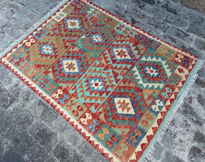 70% off 3'11 x 5'4 Afghan Oushak kilim rug - Contemporary tribal kilim rug - Turkish kilim rug/ Natural Dye colors Wool Kilim